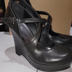 MIA Black Strappy Wedge Heels